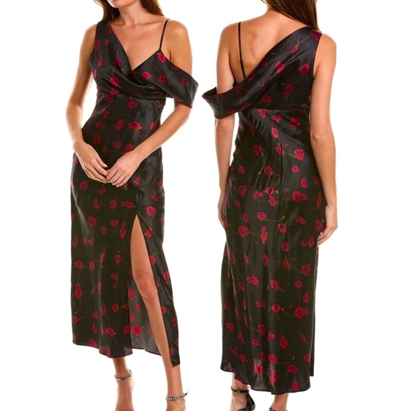 NICHOLAS Dresses & Skirts - NICHOLAS Finley Silk Asymmetrical Draped Black Poppy Floral Midi Dress--4